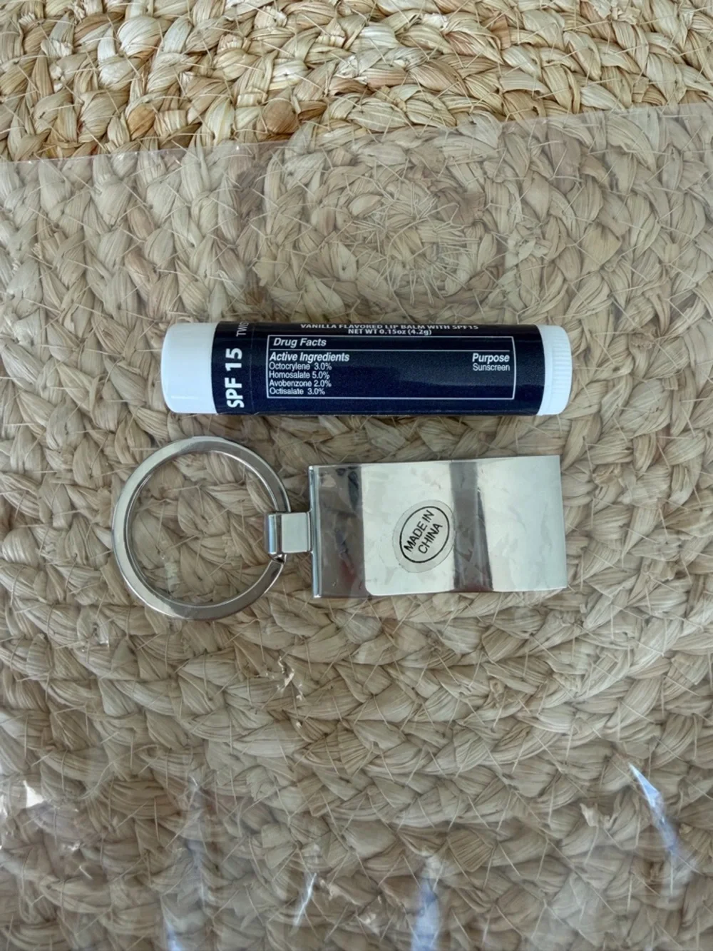 NEW Silver pleated Keychain & SPF 15 vanilla flavor Lip Balm Set